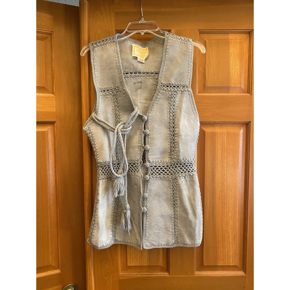 Glentex Gray Suede Leather Vtg Women's Boho Vest Festival Crochet Medium Button